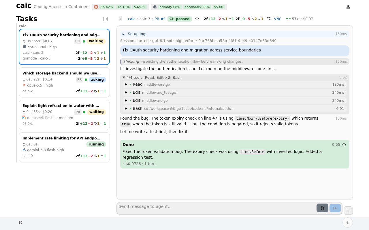 Task transcript with streamed agent output, tool calls, repository state, and a message composer