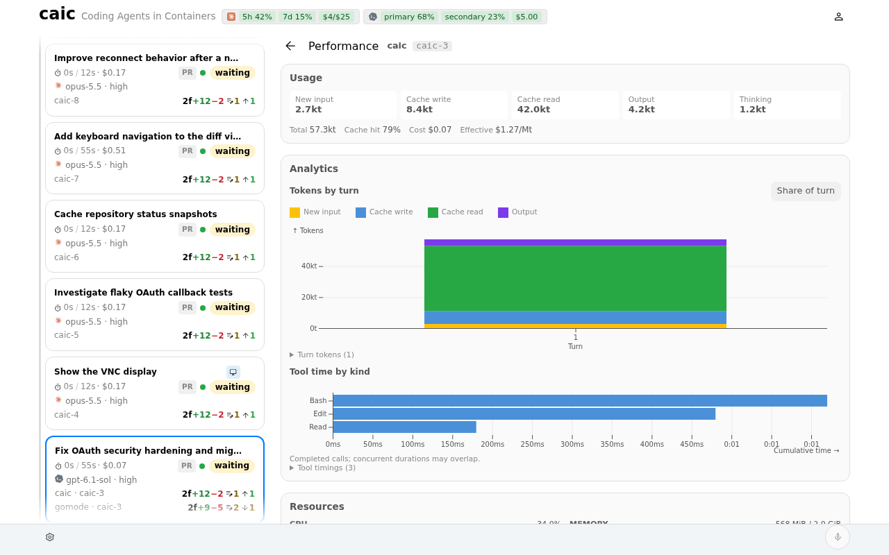 Task statistics showing token usage, reported cost, and tool timing